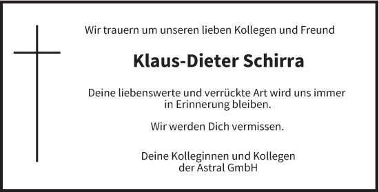 Traueranzeige von Klaus-Dieter Schirra von saarbruecker_zeitung