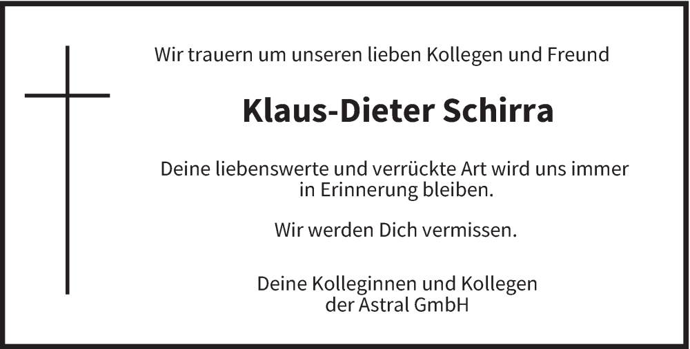  Traueranzeige für Klaus-Dieter Schirra vom 10.02.2024 aus saarbruecker_zeitung