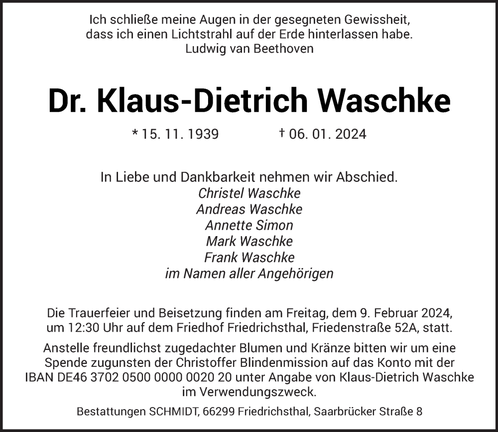  Traueranzeige für Klaus-Dietrich Waschke vom 03.02.2024 aus saarbruecker_zeitung