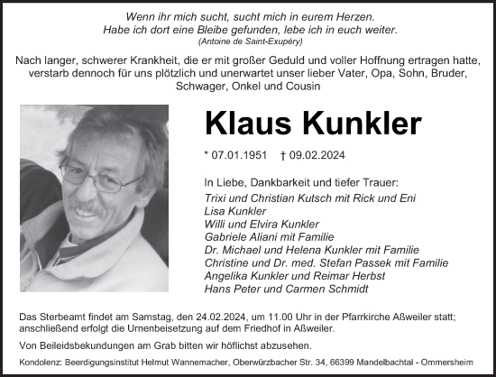 Traueranzeige von Klaus Kunkler von saarbruecker_zeitung