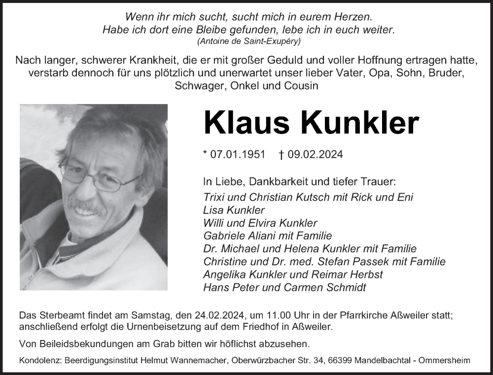  Traueranzeige für Klaus Kunkler vom 17.02.2024 aus saarbruecker_zeitung