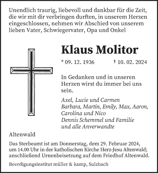 Traueranzeige von Klaus Molitor von saarbruecker_zeitung