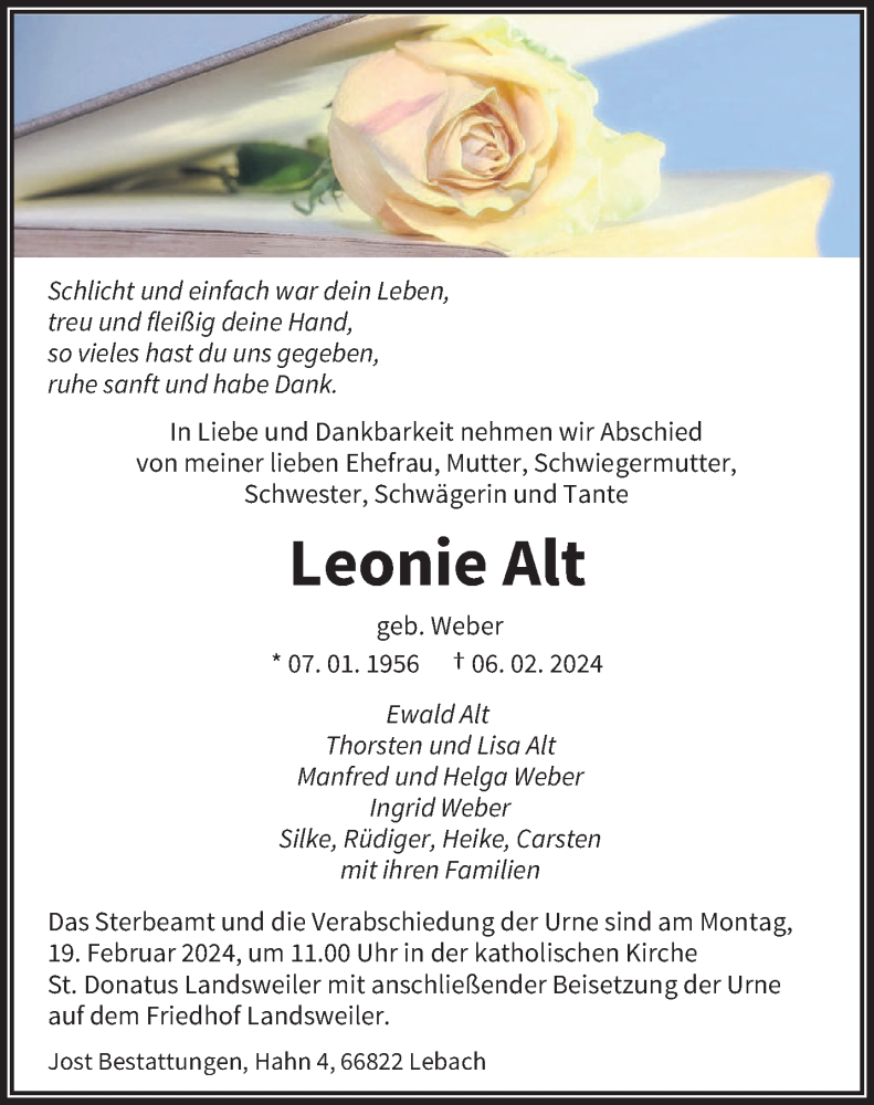  Traueranzeige für Leonie Alt vom 10.02.2024 aus saarbruecker_zeitung