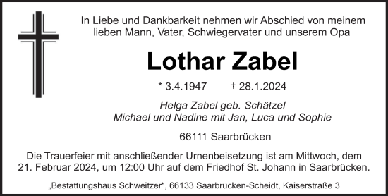 Traueranzeige von Lothar Zabel von saarbruecker_zeitung