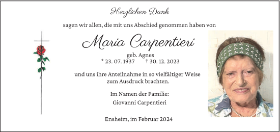 Traueranzeige von Maria Carpentieri von saarbruecker_zeitung