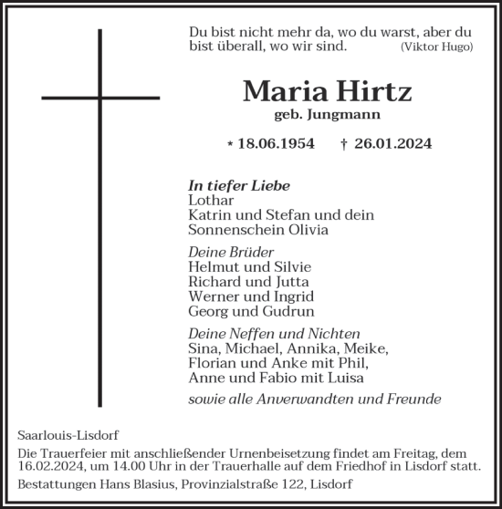 Traueranzeige von Maria Hirtz von saarbruecker_zeitung