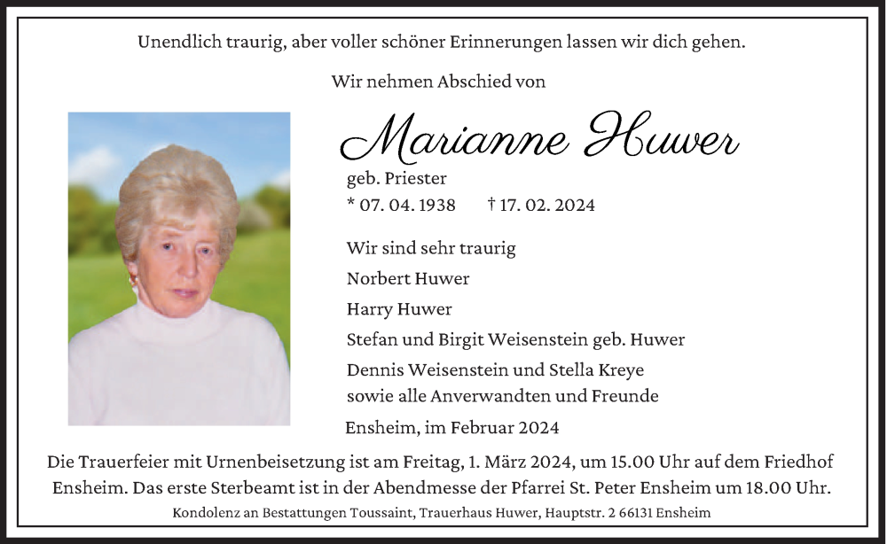  Traueranzeige für Marianne Huwer vom 24.02.2024 aus saarbruecker_zeitung