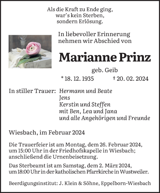 Traueranzeige von Marianne Prinz von saarbruecker_zeitung