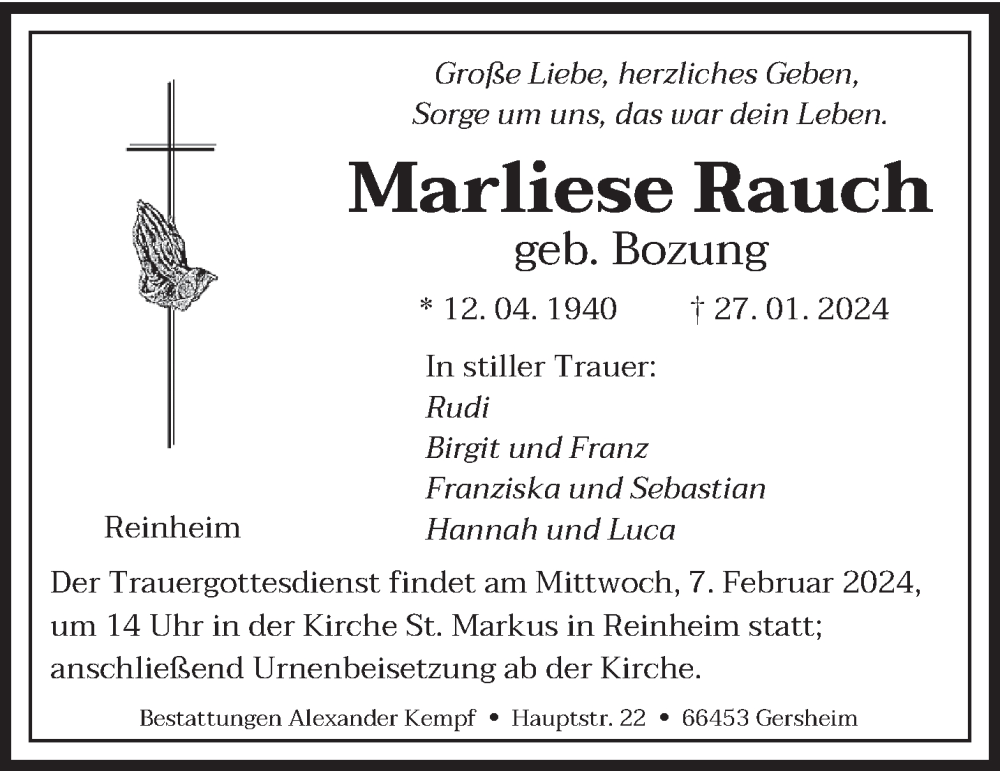  Traueranzeige für Marliese Rauch vom 03.02.2024 aus saarbruecker_zeitung