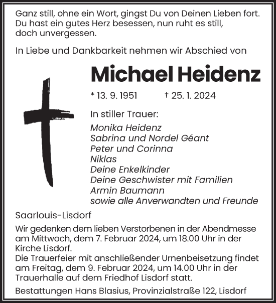 Traueranzeige von Michael Heidenz von saarbruecker_zeitung