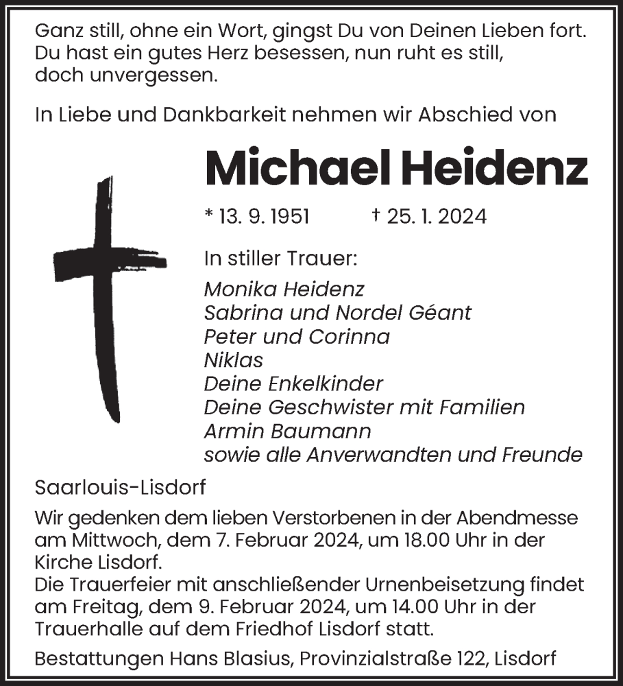  Traueranzeige für Michael Heidenz vom 03.02.2024 aus saarbruecker_zeitung