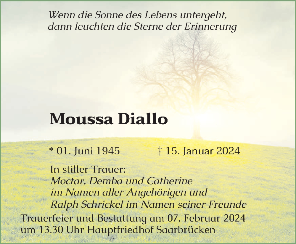  Traueranzeige für Moussa Diallo vom 31.01.2024 aus saarbruecker_zeitung