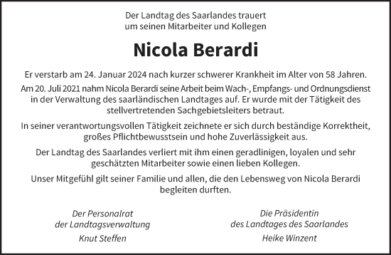 Traueranzeige von Nicola Berardi von saarbruecker_zeitung