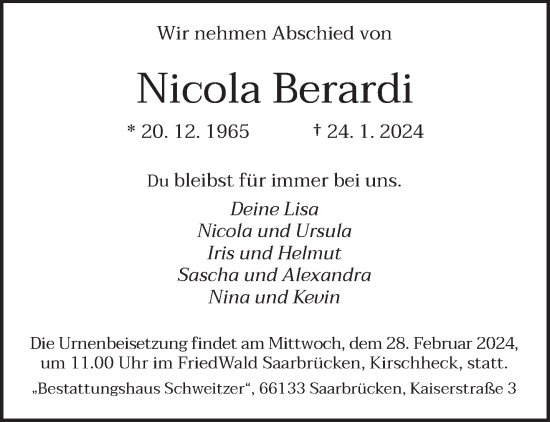 Traueranzeige von Nicola Berardi von saarbruecker_zeitung