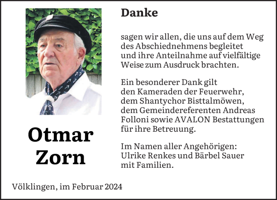 Traueranzeige von Otmar Zorn von saarbruecker_zeitung