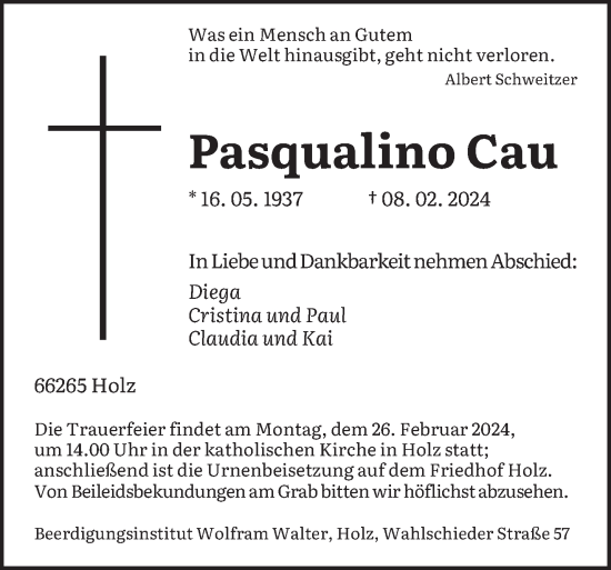 Traueranzeige von Pasqualino Cau von saarbruecker_zeitung