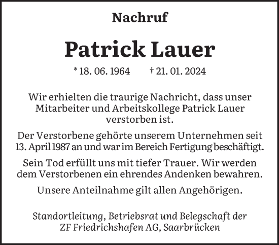 Traueranzeige von Patrick Lauer von saarbruecker_zeitung