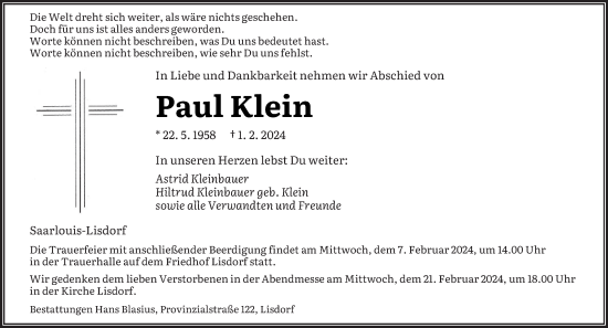 Traueranzeige von Paul Klein von saarbruecker_zeitung