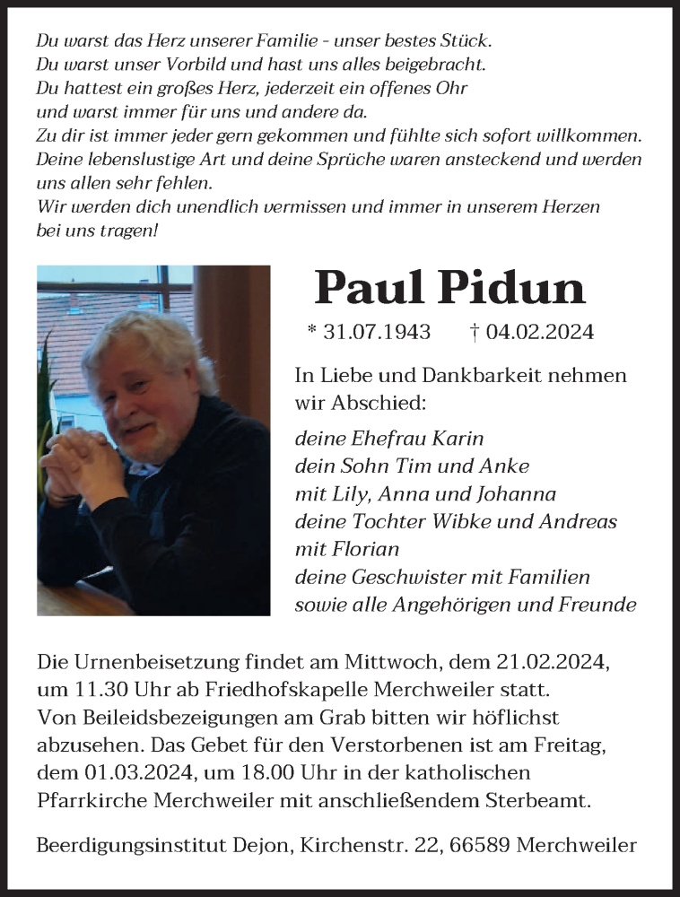 Traueranzeige für Paul Pidun vom 17.02.2024 aus saarbruecker_zeitung