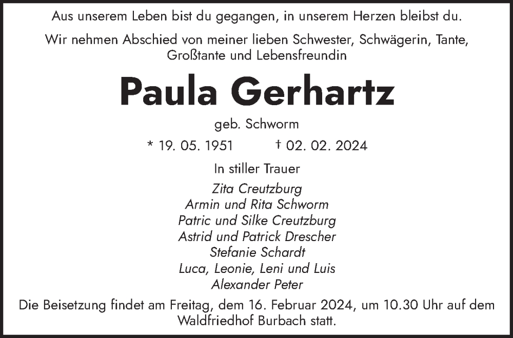  Traueranzeige für Paula Gerhartz vom 10.02.2024 aus saarbruecker_zeitung