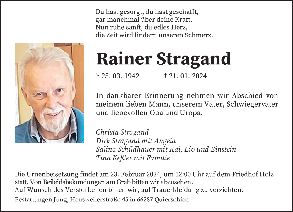  Traueranzeige für Rainer Stragand vom 10.02.2024 aus saarbruecker_zeitung