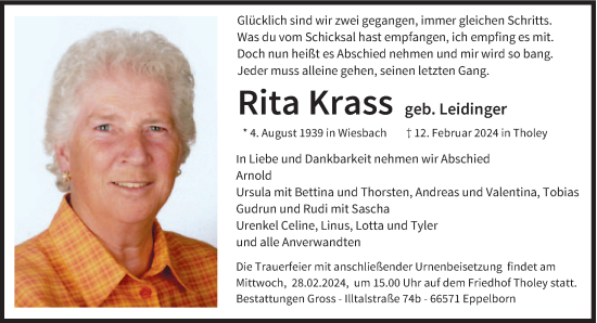 Traueranzeige von Rita Krass von saarbruecker_zeitung