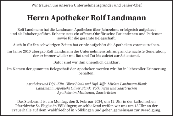 Traueranzeige von Rolf Landmann von saarbruecker_zeitung