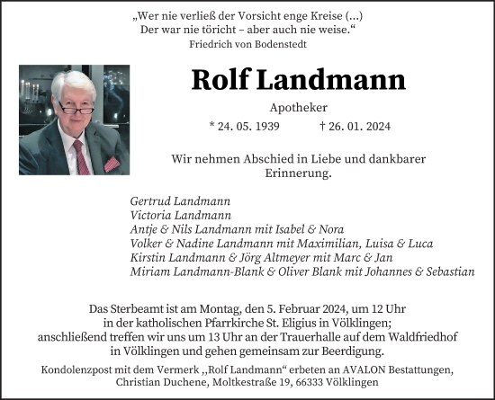 Traueranzeige von Rolf Landmann von saarbruecker_zeitung