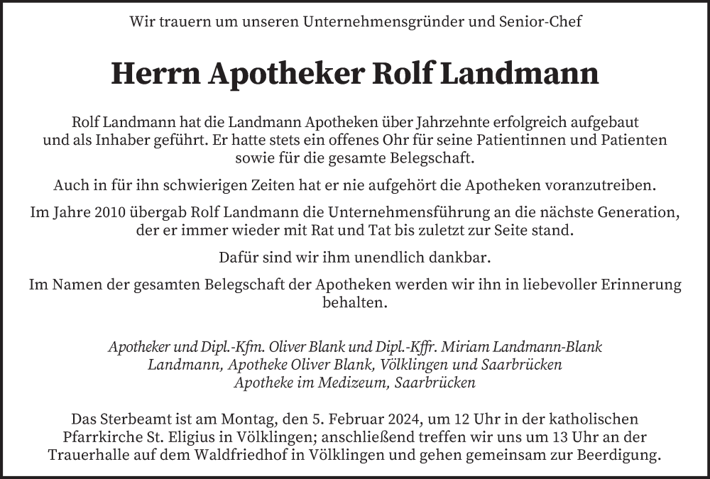  Traueranzeige für Rolf Landmann vom 03.02.2024 aus saarbruecker_zeitung