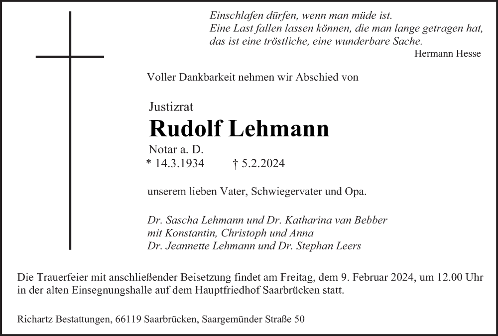  Traueranzeige für Rudolf Lehmann vom 07.02.2024 aus saarbruecker_zeitung
