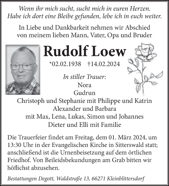 Traueranzeige von Rudolf Loew von saarbruecker_zeitung