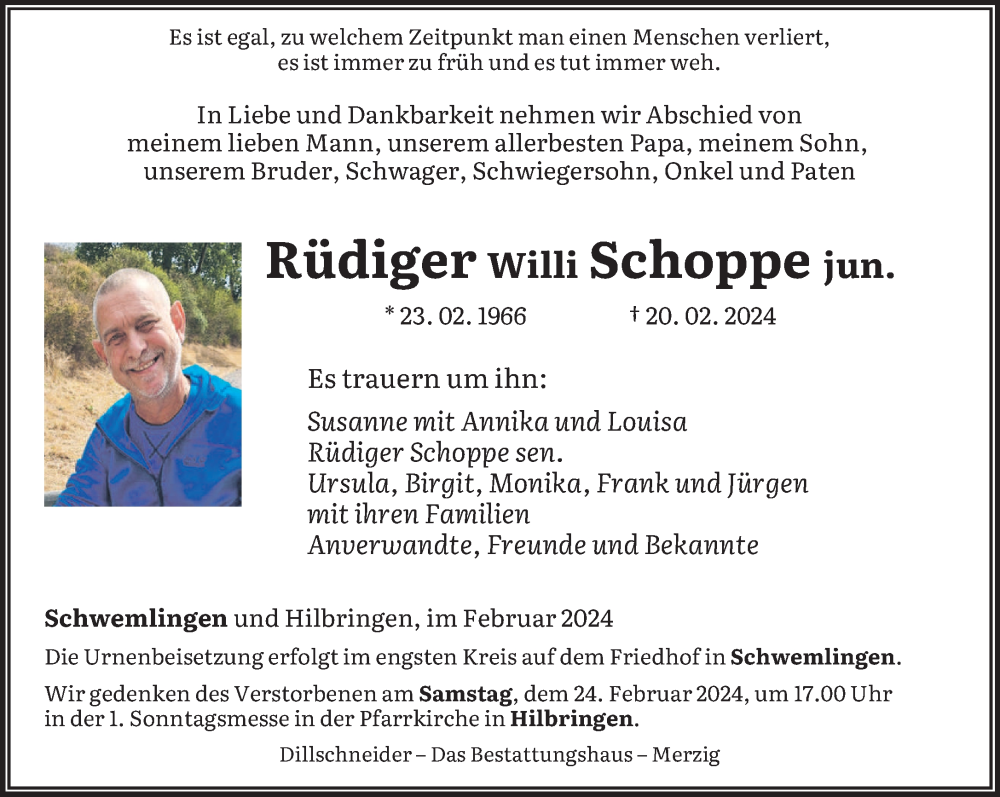  Traueranzeige für Rüdiger Schoppe vom 22.02.2024 aus saarbruecker_zeitung