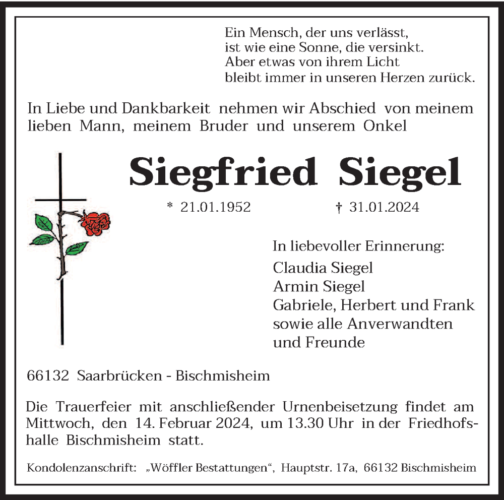  Traueranzeige für Siegfried Siegel vom 10.02.2024 aus saarbruecker_zeitung