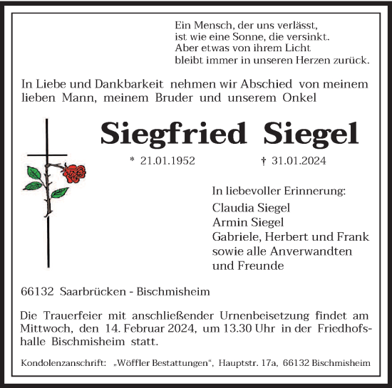 Traueranzeige von Siegfried Siegel von saarbruecker_zeitung