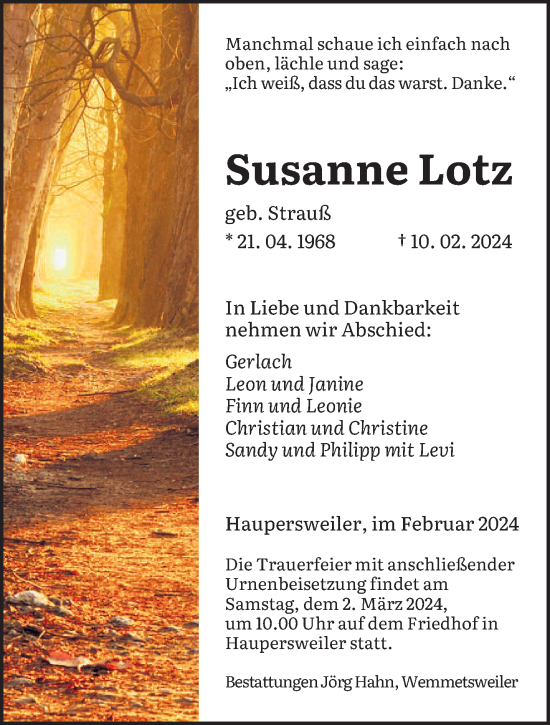 Traueranzeige von Susanne Lotz von saarbruecker_zeitung