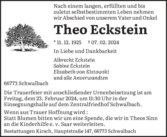 Traueranzeige von Theo Eckstein von saarbruecker_zeitung