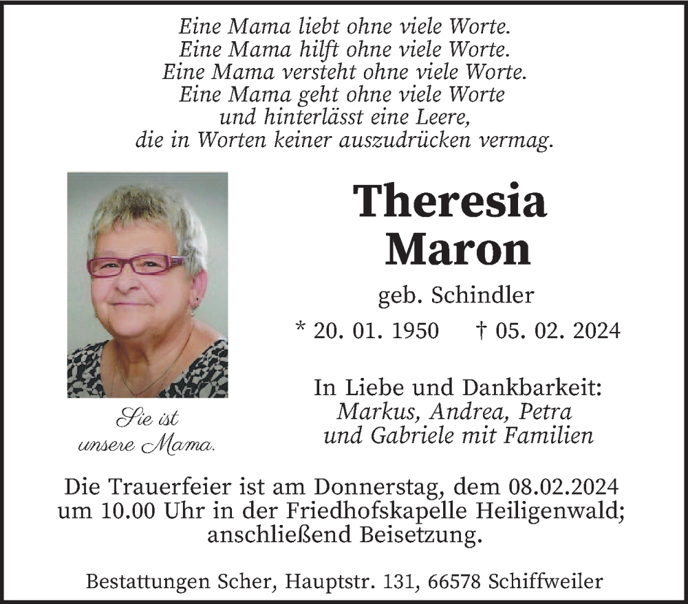  Traueranzeige für Theresia Maron vom 07.02.2024 aus saarbruecker_zeitung