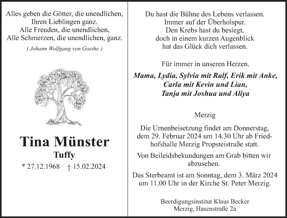  Traueranzeige für Tina Münster vom 24.02.2024 aus saarbruecker_zeitung