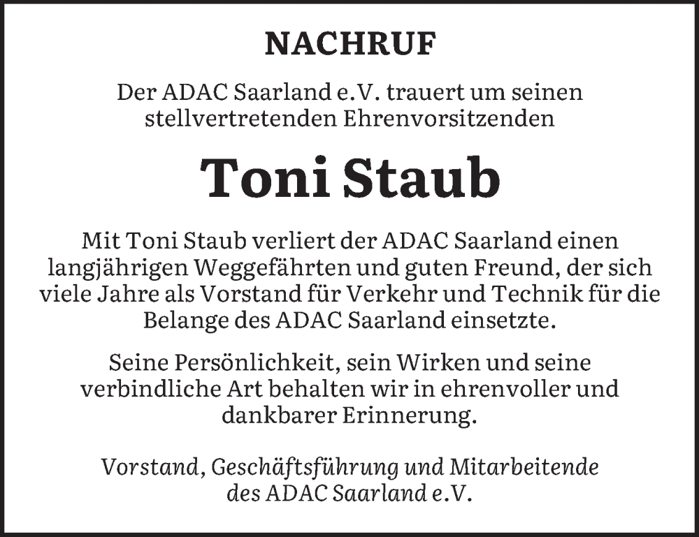  Traueranzeige für Toni Staub vom 21.02.2024 aus saarbruecker_zeitung