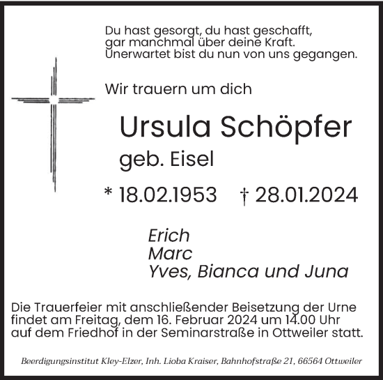 Traueranzeige von Ursula Schöpfer von saarbruecker_zeitung