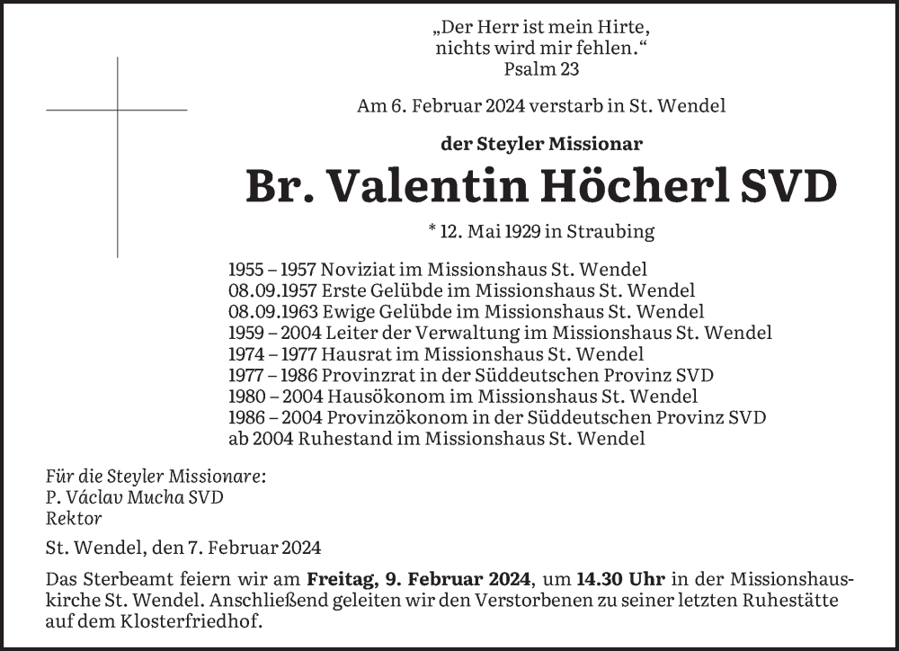  Traueranzeige für Valentin Höcherl vom 08.02.2024 aus saarbruecker_zeitung