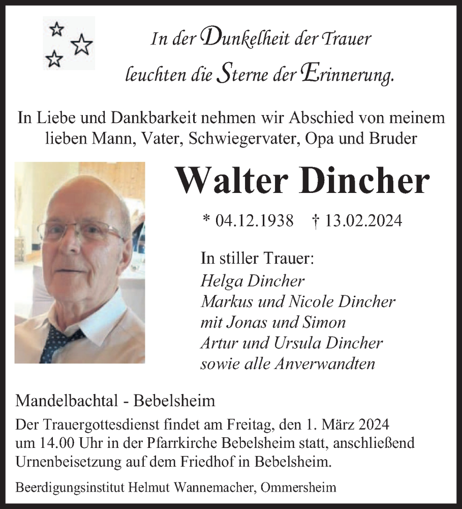  Traueranzeige für Walter Dincher vom 24.02.2024 aus saarbruecker_zeitung