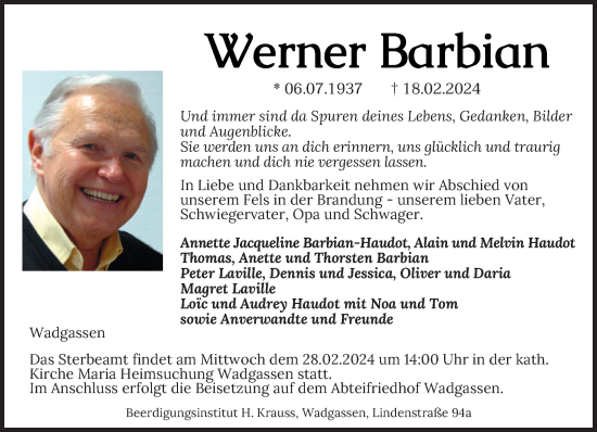 Traueranzeige von Werner Barbian von saarbruecker_zeitung