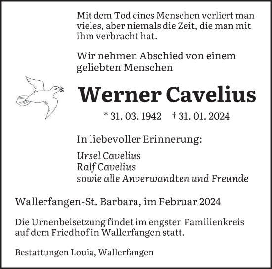 Traueranzeige von Werner Cavelius von saarbruecker_zeitung