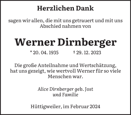 Traueranzeige von Werner Dirnberger von saarbruecker_zeitung