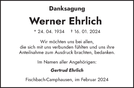Traueranzeige von Werner Ehrlich von saarbruecker_zeitung