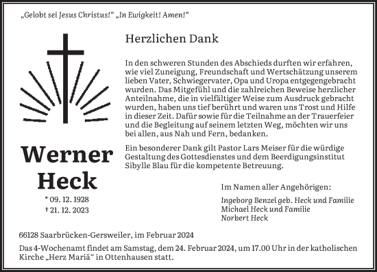 Traueranzeige von Werner Heck von saarbruecker_zeitung