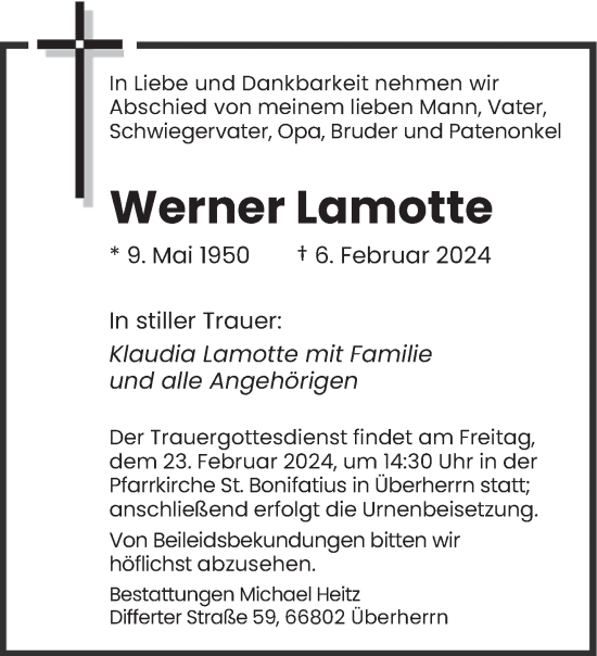Traueranzeige von Werner Lamotte von saarbruecker_zeitung