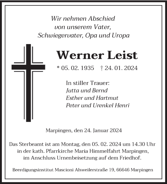 Traueranzeige von Werner Leist von saarbruecker_zeitung