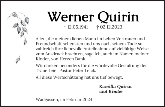 Traueranzeige von Werner Quirin von saarbruecker_zeitung